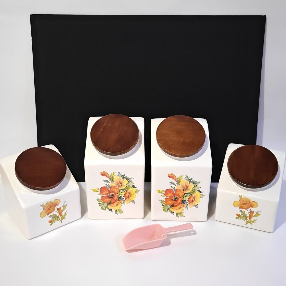 Set Of 4 Hyalyn USA Canister Pottery Pieces Wood Tops Vtg Vegetable w Scoop
